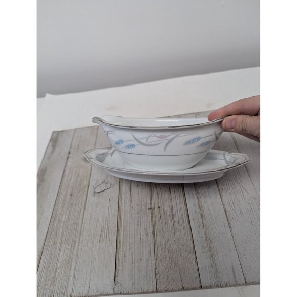 Vintage Valmont Royal Wheat Platinum Trim Gravy Boat Bowl Attached Underplate - Picture 4 of 7